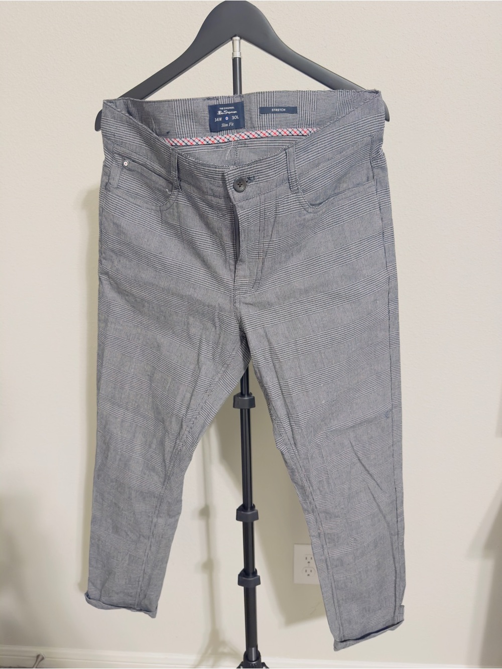 Ben Sherman Slim Fit Stretch Glen Plaid Pants Gray 34x30
